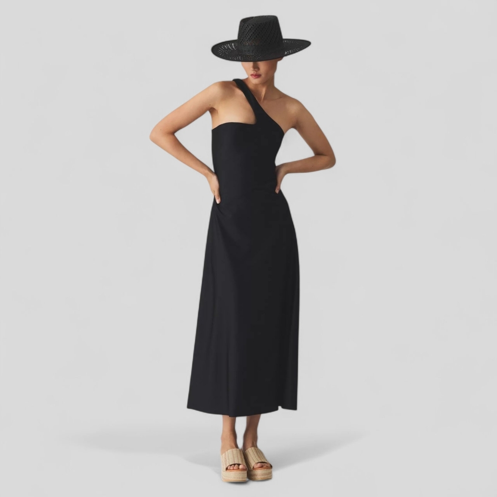 DELFI COLLECTIVE One Shoulder Asymmetrical Dress Lined Midi Tea Length Stretch